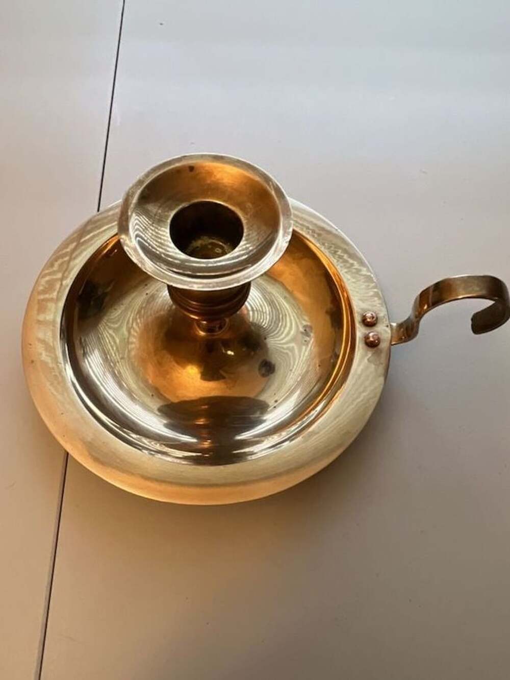 Vintage Brass Chamberstick Candle Holder with Finger Loop and Drip Pan